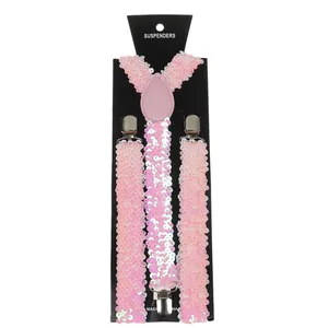 Pink sequin Y-back suspenders with three silver metal clips for adults on display card