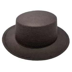 Detailed top view of a classic dark grey felt flat top fedora hat with a wide brim