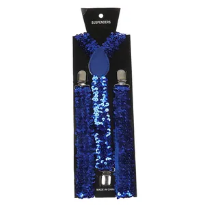 Unisex sparkling deep blue sequin suspenders with strong silver metal clips for parties