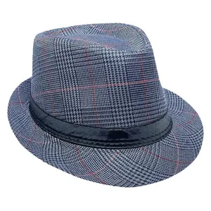 Blue-grey plaid fedora hat for men with black satin band and red accent stripes