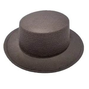 Close-up showing the thick felt texture and flat brim of the wool top hat in dark grey