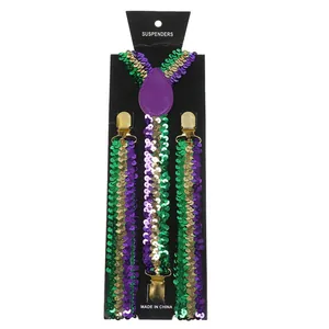 Rainbow sequin suspenders with gold metal clips for Mardi Gras festival outfits