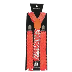 Sparkly sequin suspenders with silver metal clips for men and women on display card