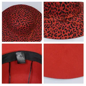 Détails du chapeau rouge léopard montrant le tissu en coton et le nœud ruban chic
