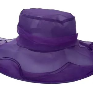 Elegante paarse organza zonnehoed voor dames met brede rand en decoratieve strik accent