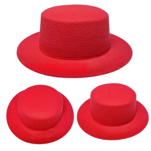 Detailed views of a wide brim red wool felt boater hat from top and side angles
