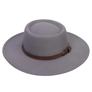 Close-up of light grey wool boater hat with a brown leather belt and metallic buckle