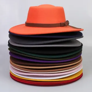 Vertical stack of colorful wool fedora hats showing a variety of stylish color options