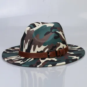 Detail of jungle camouflage fedora hat featuring a brown leather belt buckle and wide brim