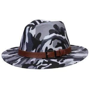 Detail of grey camo wool fedora with brown faux leather belt and metallic buckle