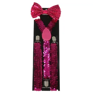 Detail of rose red sequin suspenders and bowtie set with metallic silver clips
