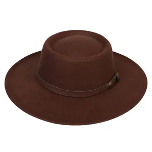 Detail of dark brown wool felt boater hat with leather band and metal buckle