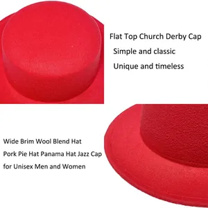 Macro detail of the red wool blend fedora hat showing flat brim and crown texture