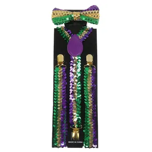 Detail of sequined bow tie and suspenders set in purple, gold, and green for festivals