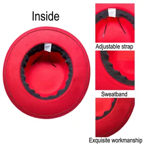Detail of red wide brim fedora showing adjustable strap, sweatband and size 57 label