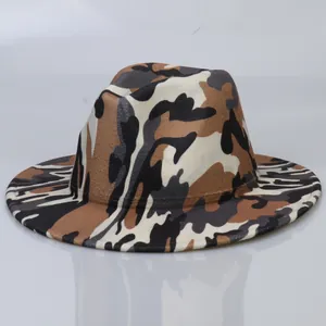 Macro shot of fedora hat with jungle camouflage pattern and thick wool texture