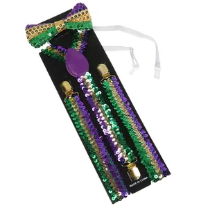 Detail of Mardi Gras sequin suspenders and bowtie set with purple, green and gold stripes