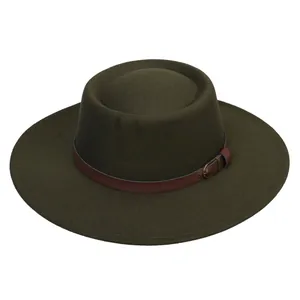 Detailed close-up of dark olive wool felt boater hat with brown leather band and stitching