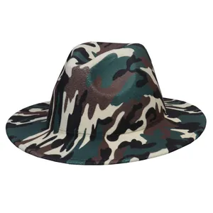 Detailed view of camouflage wool fedora hat with a classic wide brim and structured crown