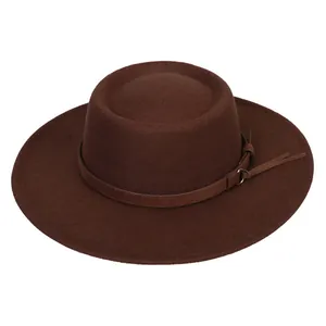 Detail of dark brown wool fedora hat with leather band and metal buckle accent