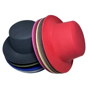 Stack of colorful felt wide-brim hats in various shades like red, blue, and brown