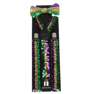 Detail of Mardi Gras sequin bow tie and suspenders set on black packaging card