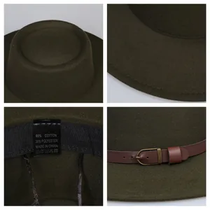 Detail view of olive green flat top wool hat with leather band and material labels