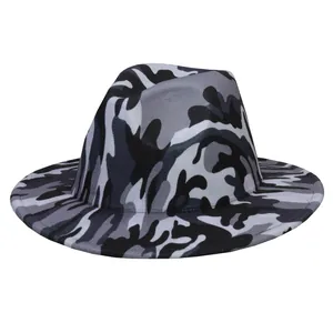 Detail of wide brim wool fedora hat featuring a black and white camo pattern design