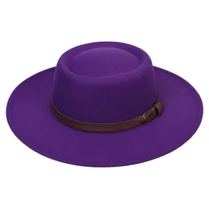 Close-up of the purple wool boater hat featuring a brown leather belt with a metal buckle
