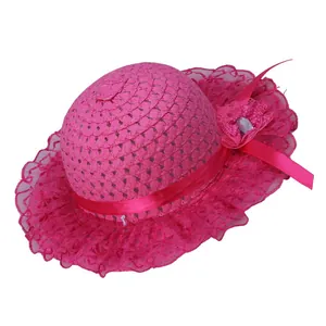 Detailed close-up of rose red straw hat with lace floral accents and satin ribbon