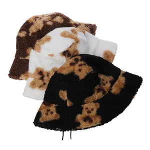 Chapeau Bob en Laine d'Agneau pour Femmes Motif Ours Vache Chaud Fausse Fourrure Automne Hiver Bonnet en Peluche
