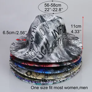 Size guide showing tie-dye fedora hat measurements 56-58cm for height and brim width