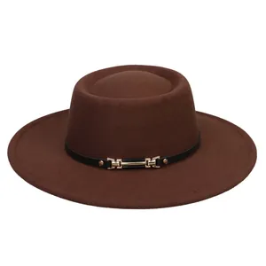 Detailed view of dark brown felt jazz hat with black leather belt and gold buckle