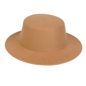 Classic camel wool boater hat with a flat top and wide brim for men and women