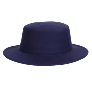 Classic dark blue wool wide brim flat top fedora hat for men and women on white background