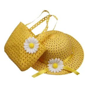 Kids yellow straw sun hat and handbag set with daisy flower decoration for summer girls