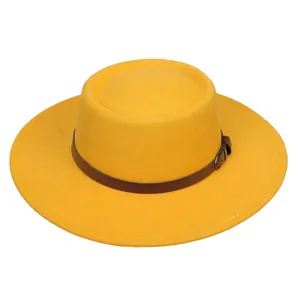 Detailed view of the yellow felt boater hat featuring a brown faux leather belt buckle