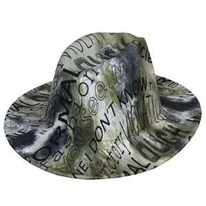 Detail of street style fedora hat featuring tie-dye olive green camouflage and graffiti print