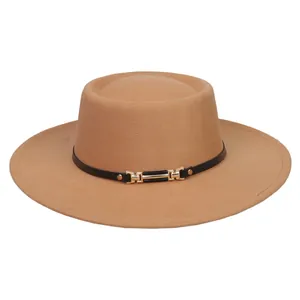 Detailed close-up of the elegant warm camel wool felt fedora hat with a black decorative band