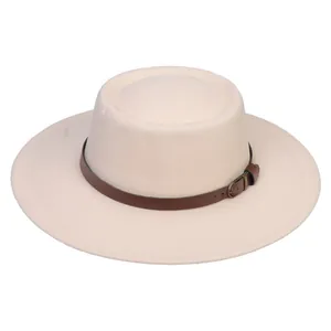 Detail of elegant wool felt boater hat with stylish leather band and metal buckle
