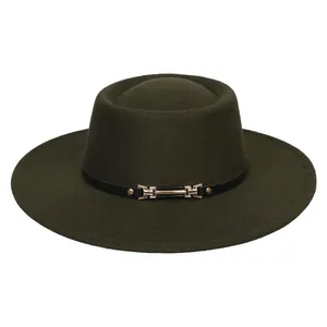 Detailed close-up of dark green wool felt jazz hat featuring black leather band and gold buckle