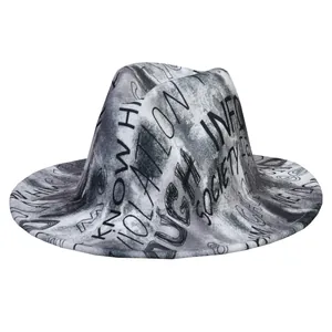 Close-up of graffiti print detail and wool texture on a wide brim fedora hat