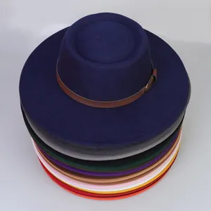 Flat top wool fedora hat detail showcasing nine various colors and leather band