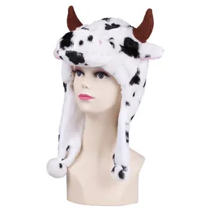 Bonnet peluche vache avec cornes et cache-oreilles pour costume enfant et adulte