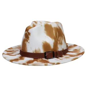 Tie-dye felt fedora hat in white and brown with faux leather belt strap detail