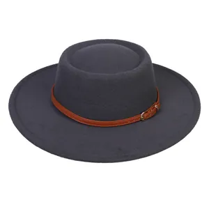 Top-down view of dark grey felt pork pie hat with brown leather belt and metal buckle