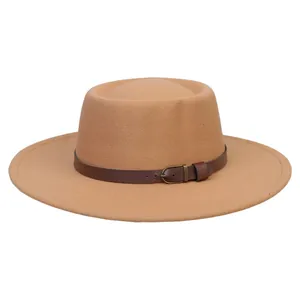 Classic camel wool felt boater hat with a flat top and brown leather buckle band