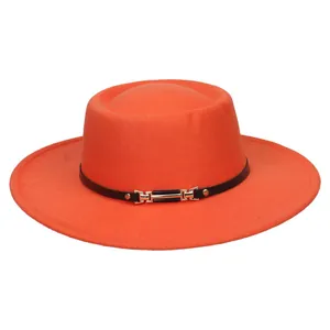 Classic bright orange wool felt flat top fedora with black leather band and gold buckle