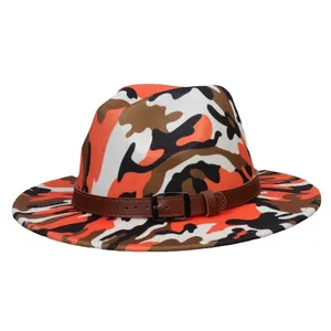 Orange and black tie-dye wool fedora hat with flat brim and decorative brown leather belt