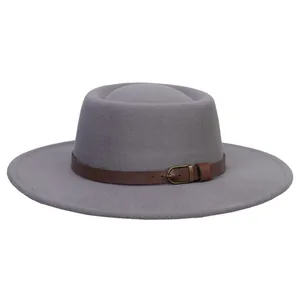 Elegant grey flat top wool felt boater hat with wide brim and brown leather belt buckle
